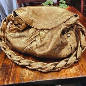 b. makowsky Metallic Gold Braided-Handle Hobo Bag